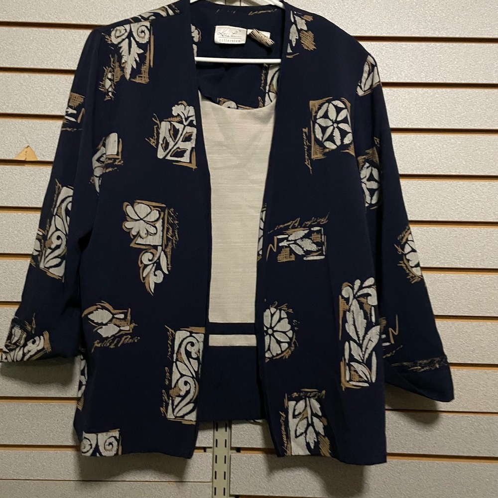Kathie Lee Collection Women Size 14 Navy Floral Print Kimono Jacket